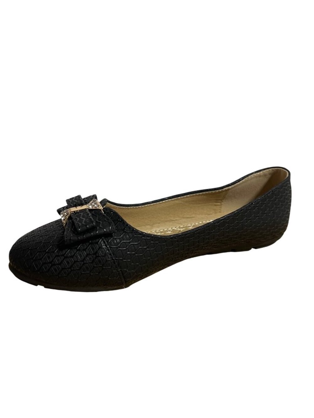 Victoria K Womens Black Textured Ballerina Flats Gold Rhinestone Buckle Size7
